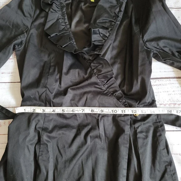 Elizabeth Mckay Scotland Wrap Dress Black Belted Ruffle Neckline Knee Length 6 - Picture 7 of 7